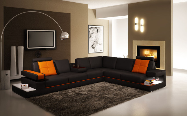 Canapé d'angle moderne en cuir pour salon avec éclairage.