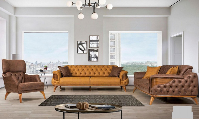 Trois canapés en cuir à trois places, canapés de luxe Chesterfield de style occidental jaune des États-Unis.