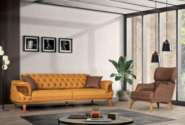 Trois canapés en cuir à trois places, canapés de luxe Chesterfield de style occidental jaune des États-Unis.
