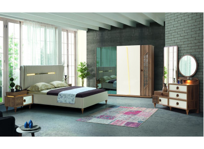 Chambre à coucher Ensemble Lit 2x Tables de chevet 5 pièces Design Textile Bois Armoire