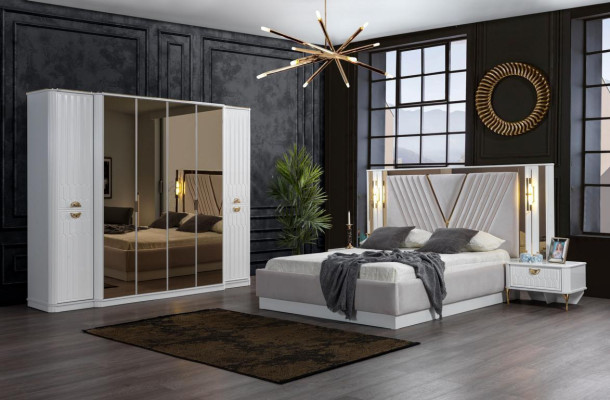 Ensemble de chambre à coucher Lit 2x Table de chevet 4 pièces Design Moderne LUXE Complétez-le