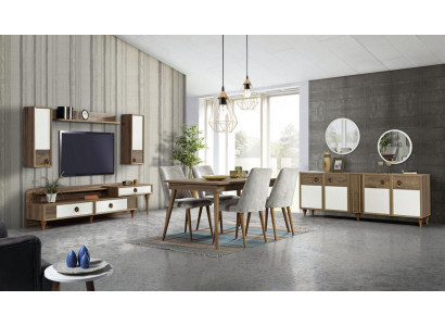 Salle à manger Ensemble Table 4x Chaises Buffet Ensemble Suite Design Bois Textile