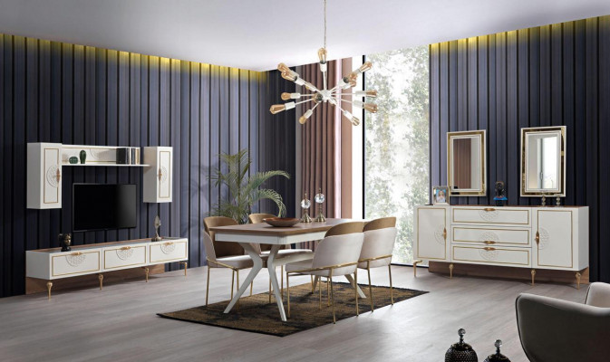 Ensemble de salon Buffet avec 2x Miroir Suite Bois 3 pièces Buffet Blanc