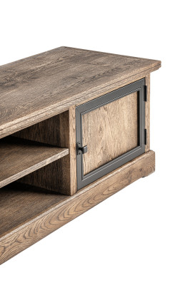 Meuble TV en bois massif avec table en verre, armoire de télévision, tables designer et basse.