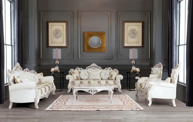 Ensemble de canapé blanc baroque Canapé Meubles rembourrés Fauteuil Table 5 pièces.