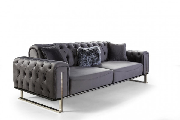 Canapé Chesterfield de luxe 3 places Canapé gris Tissu d'ameublement Canapés