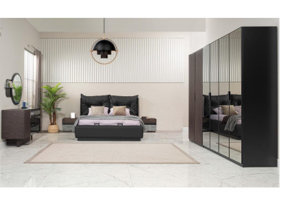 Suite Chambre Lit double Lit Chevets Ensemble 6pcs Noir