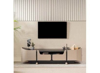 Meuble TV bas en bois beige pour salon, table basse moderne.