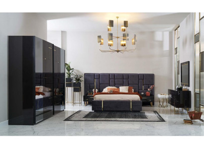 Lit double de design Cadre de lit Chambre de luxe Ensemble en bois 6 pièces Noir