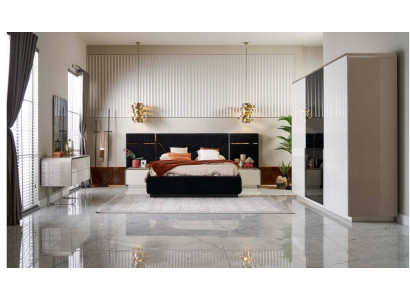 Chambre de luxe avec lit double en bois, cadre de lit, ensemble de 6 pièces design bleu