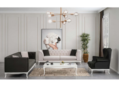 Canapé complet Chesterfield en tissu noir 3 pièces