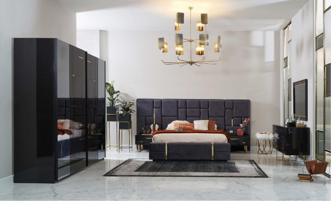 Cadre de lit double de luxe Ensemble de chambre à coucher en bois 6 pièces Design noir