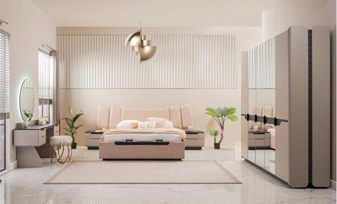 Chambre complète Lit double Moderne Ensemble de lit beige 6 pièces Armoire