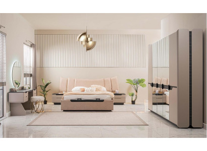 Lit double Ensemble complet de lit Chambre à coucher Moderne Beige Ensemble de 6 pièces Armoire