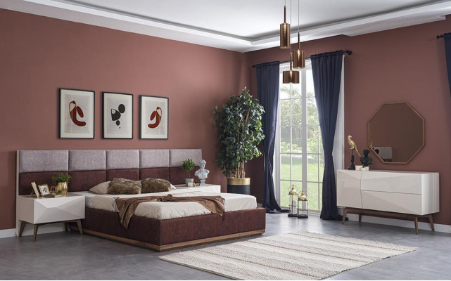 Meubles de chambre modernes, aménagement complet, lit design, 2 tables de chevet.