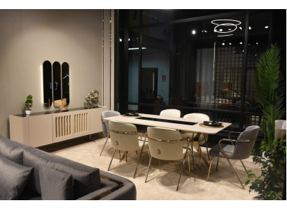 Ensemble de salle à manger de luxe : Table à manger + 6 chaises + Buffet avec miroir
