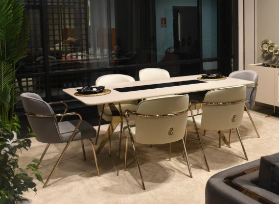 Ensemble de salle à manger de luxe : Table à manger + 6 chaises + Buffet avec miroir