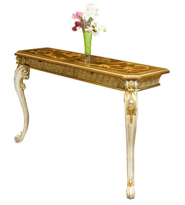 Table console de style maison de campagne, classique, tables de téléphone à aspect doré avec pieds sculptés.