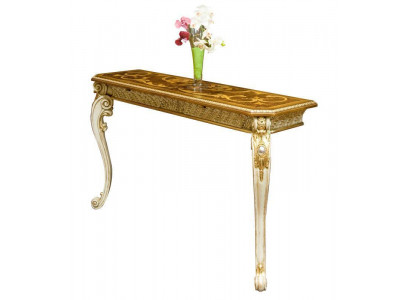 Table console de style maison de campagne, classique, tables de téléphone à aspect doré avec pieds sculptés.