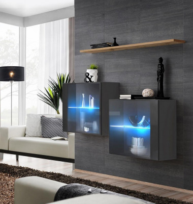 Set de salon Designer Unité murale Grise 130 cm Étagère murale de luxe