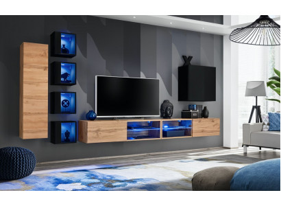 Ensemble mural moderne complet de designer avec étagères murales, meuble TV, bahut bas en bois et armoire murale.