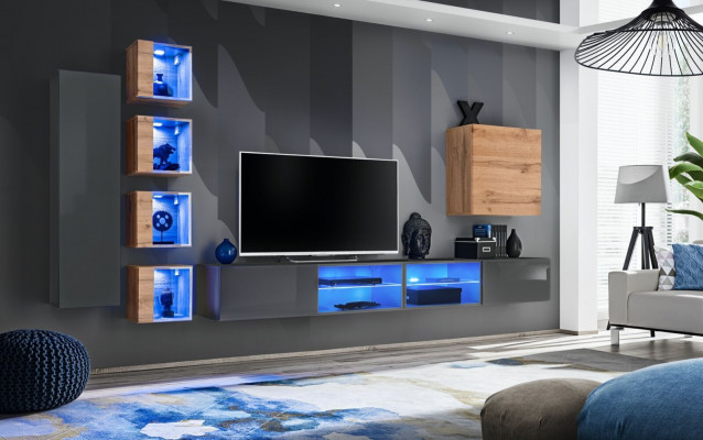 Salle de séjour Unité murale Gris Mobilier moderne Meuble TV Buffet bas mural Étagères