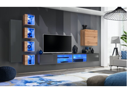 Salle de séjour Unité murale Gris Mobilier moderne Meuble TV Buffet bas mural Étagères