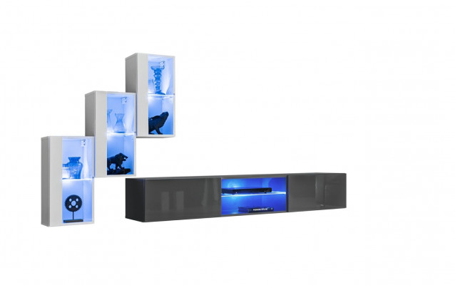 Buffet gris, meuble TV bas, ensemble mural, étagères murales complètes, meuble mural.