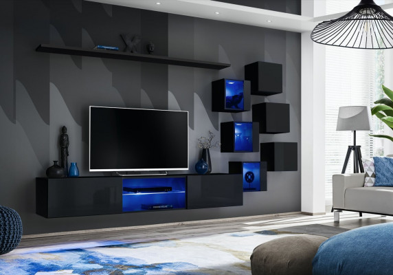Ensemble murale complet en noir de luxe avec meubles en bois design - Armoire murale moderne