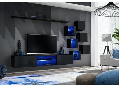Ensemble murale complet en noir de luxe avec meubles en bois design - Armoire murale moderne
