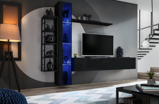 Unité murale Black Designer TV Lowboard Mobilier de salon Mobilier Complet et Buffet
