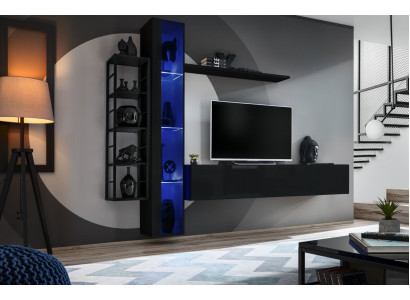 Unité murale Black Designer TV Lowboard Mobilier de salon Mobilier Complet et Buffet