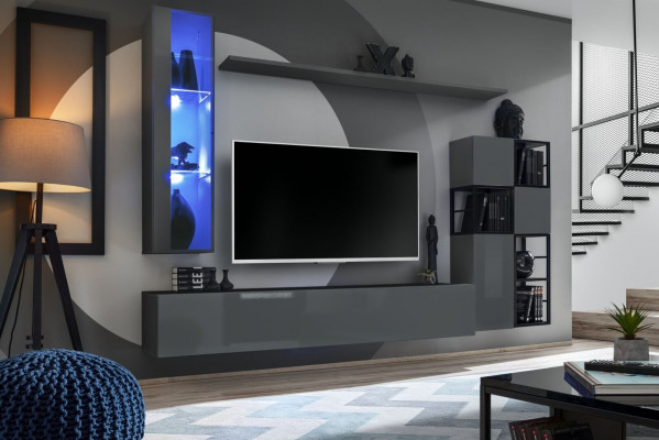 Designer Gray Wall Unit Hanging Display Cabinet TV Stand Complete High Gloss Sideboard Unité murale grise de designer avec meuble suspendu, vitrine, meuble TV complet et buffet laqué brillant