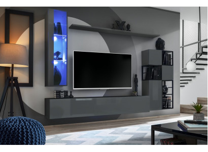 Designer Gray Wall Unit Hanging Display Cabinet TV Stand Complete High Gloss Sideboard Unité murale grise de designer avec meuble suspendu, vitrine, meuble TV complet et buffet laqué brillant