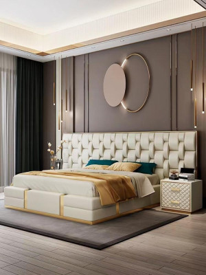 Conception de literie de lit de luxe beige double de luxe de lit d'hôtel nouveau