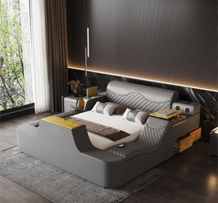 Lit en cuir de luxe double avec massage sur la tête de lit. Lits rembourrés pour hôtels modernes avec bluetooth.