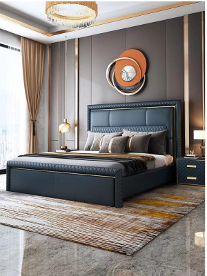 Ensemble de chambre à coucher Lit 2x Table de chevet 3 pièces Design Moderne de Luxe Bleu Or
