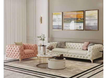 Ensemble de salon Design Canapé Chesterfield en cuir avec revêtement d'assise en cuir 2 pièces