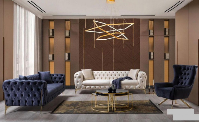 Canapé Chesterfield bleu trois places fauteuil fauteuil luxe ensemble 3 pièces 3+3+1