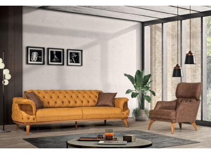Ensemble de canapés Chesterfield moderne composé de trois canapés-lits de luxe et d'un fauteuil jaune de deux pièces.