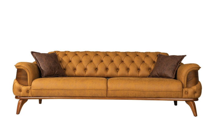 Ensemble de canapés Chesterfield moderne composé de trois canapés-lits de luxe et d'un fauteuil jaune de deux pièces.