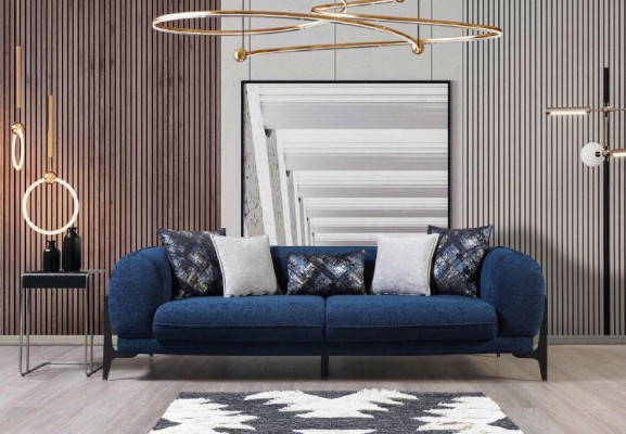 Bleu, troix places, canapé de luxe, canapé moderne, mobilier de salon en acier inoxydable.