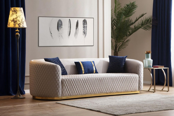 Canapé de luxe en acier inoxydable beige avec trois places, design de canapé pour le salon