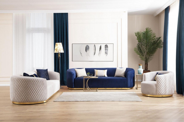 Canapé de luxe en acier inoxydable beige avec trois places, design de canapé pour le salon