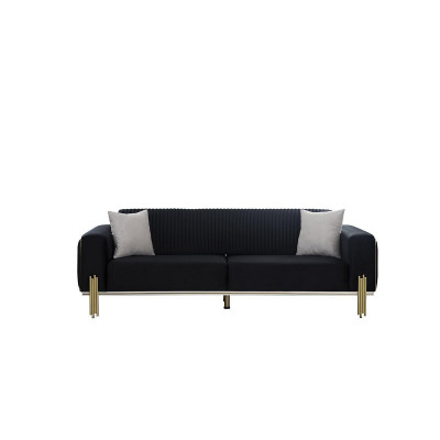 Moderne canapé trois places noir avec un revêtement en acier inoxydable.