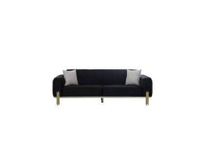 Moderne canapé trois places noir avec un revêtement en acier inoxydable.
