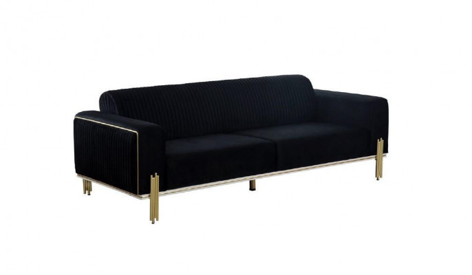 Moderne canapé trois places noir avec un revêtement en acier inoxydable.