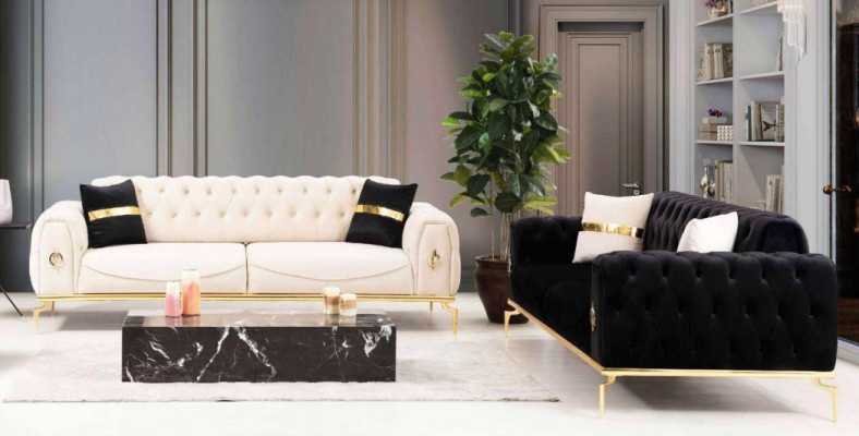 Ensemble de canapés de luxe Chesterfield Groupe de sièges à trois places Noir 3+3 places