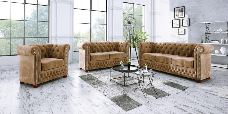 Meubles classiques et élégants Chesterfield, canapé deux places, design de canapé en textile, brun