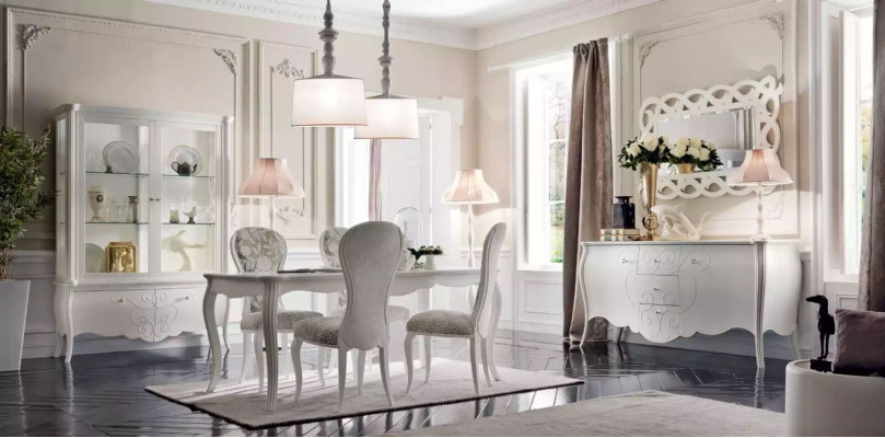 Ensemble de salle à manger 8 pièces. Table à manger 4 chaises Buffet Miroir Suite Blanc